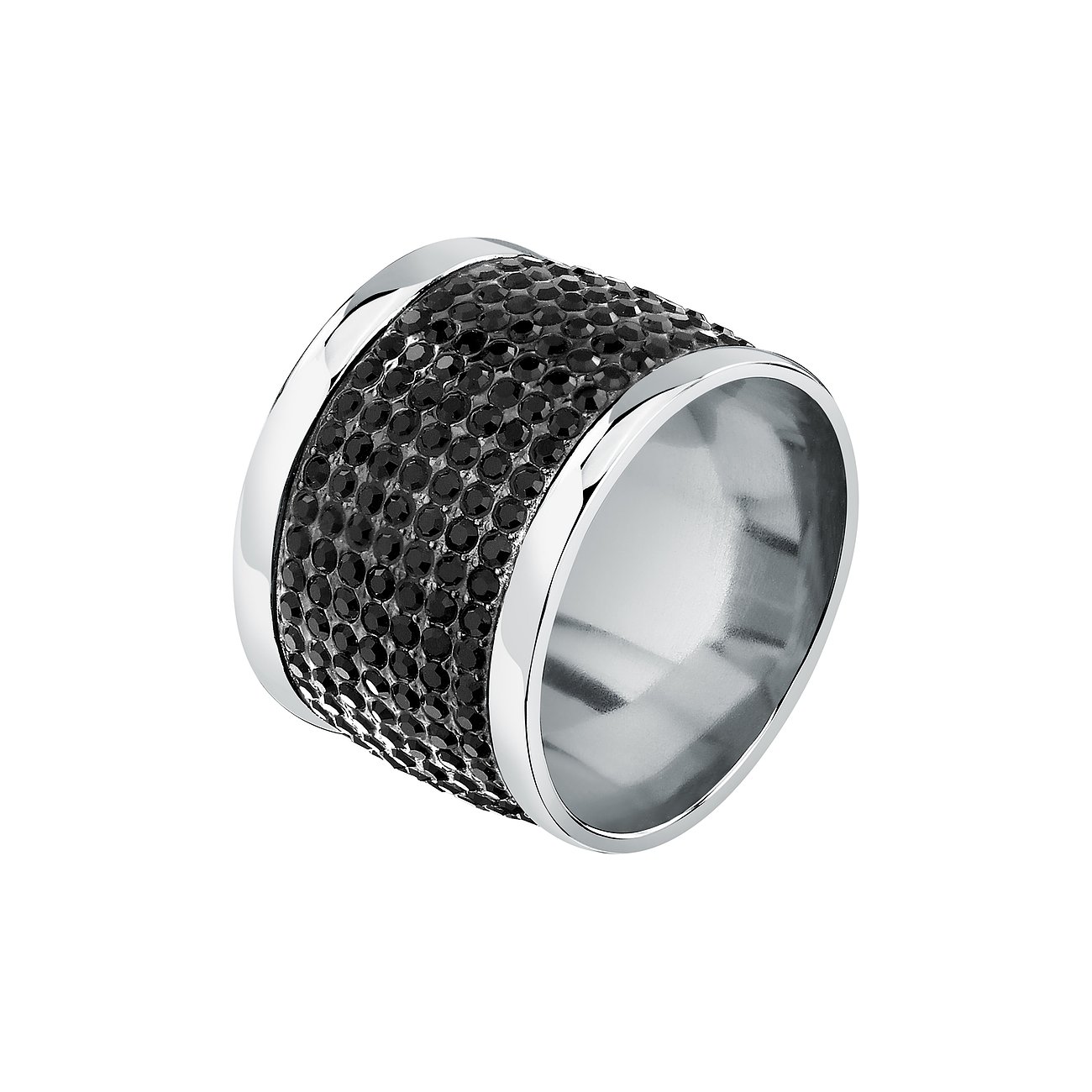 Karl Lagerfeld Ring aus Edelstahl mit schwarzen Kristallen.