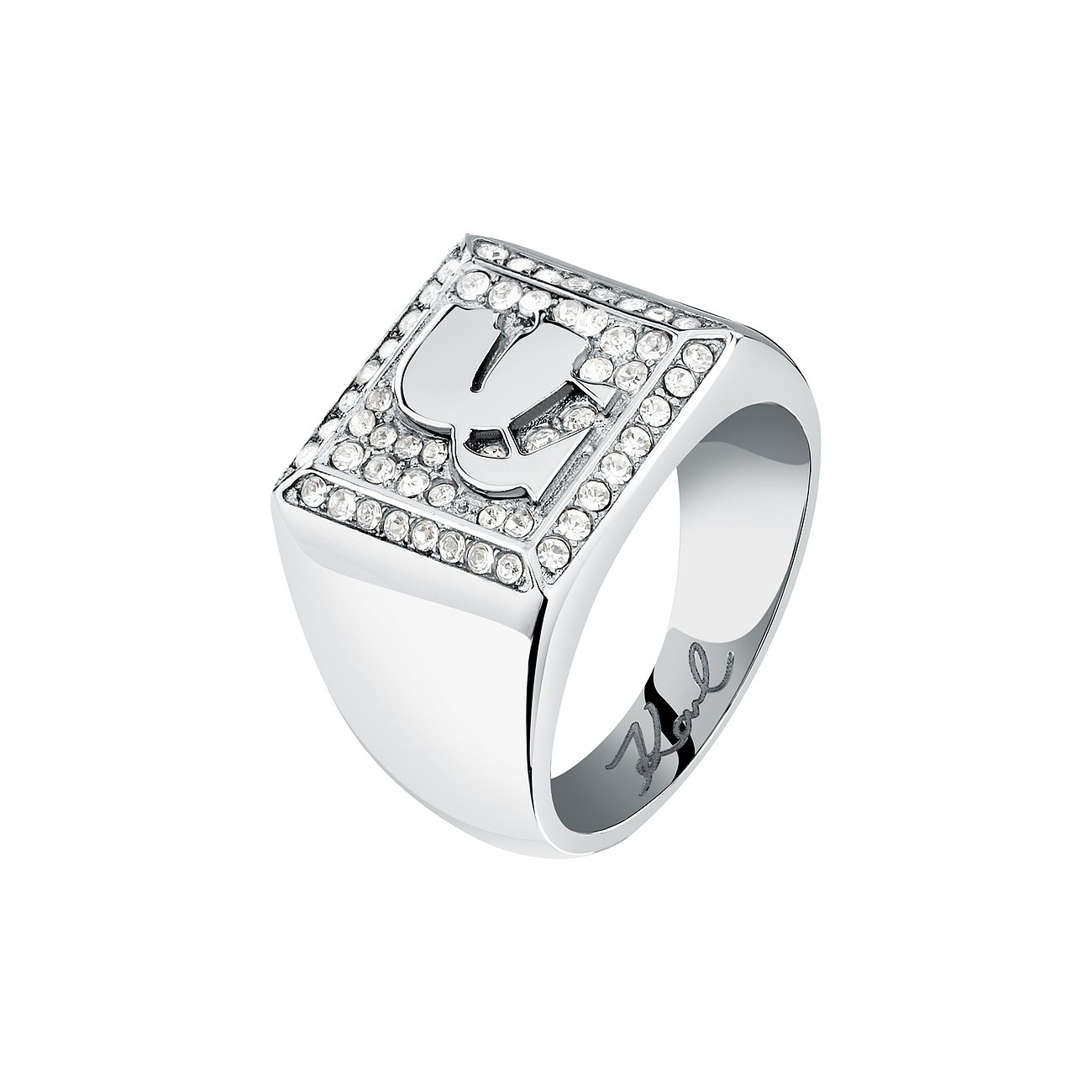 Karl Lagerfeld Ring aus Edelstahl mit Kristallen, rechteckiger Kopf.