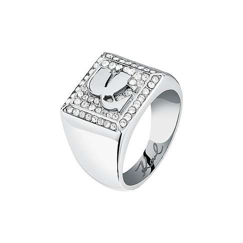 Karl Lagerfeld Ring aus Edelstahl mit Kristallen, rechteckiger Kopf.