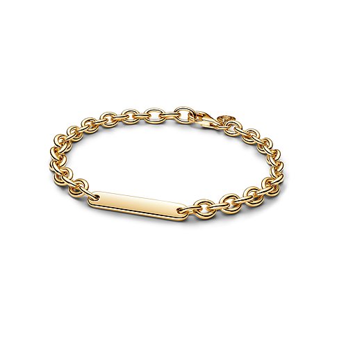 Pandora Armband aus Metall mit Gravur und Karabinerverschluss.