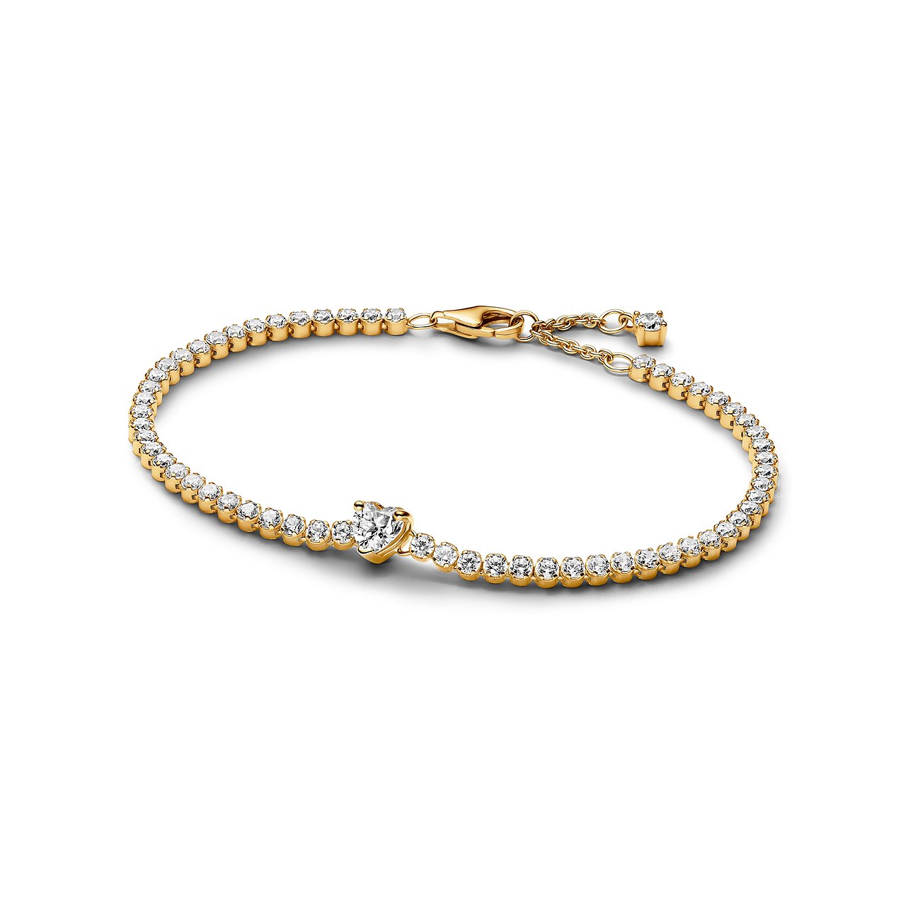 Pandora Armband aus Metall mit Zirkonia, Herz-Anhänger, goldfarben.