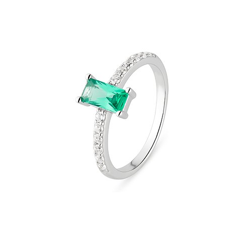Bague CHRIST en argent recyclé 925 avec pierre de couleur verte et pierres blanches.