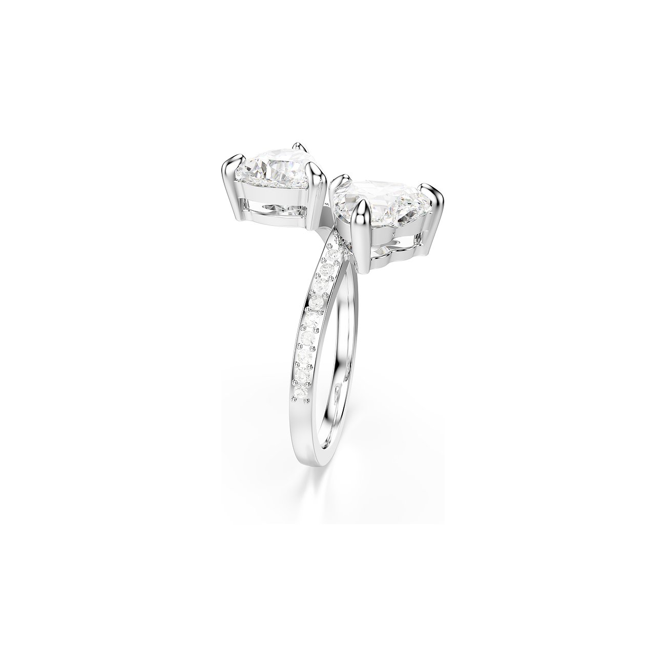 Swarovski ring van metaal met witte kristallen, hartvormige slijping.