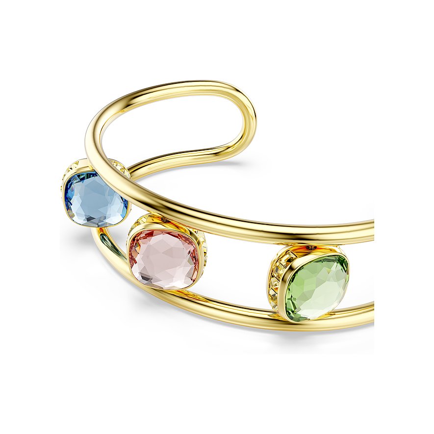 Swarovski armband van goudkleurig metaal met drie gekleurde kristallen.