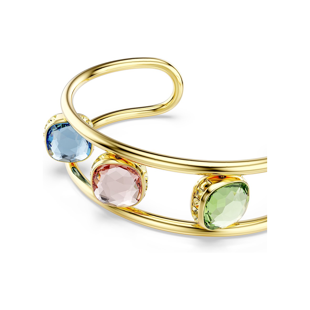 Swarovski armband van goudkleurig metaal met drie gekleurde kristallen.