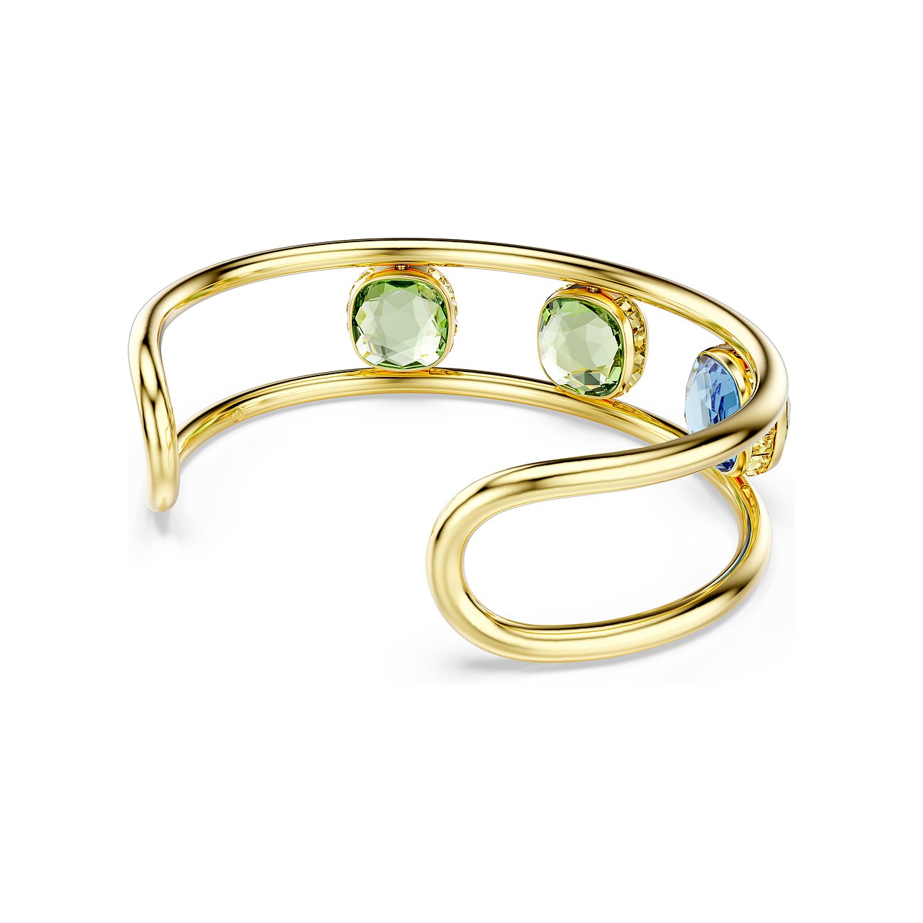 Swarovski armband van metaal met groene en blauwe kristallen.