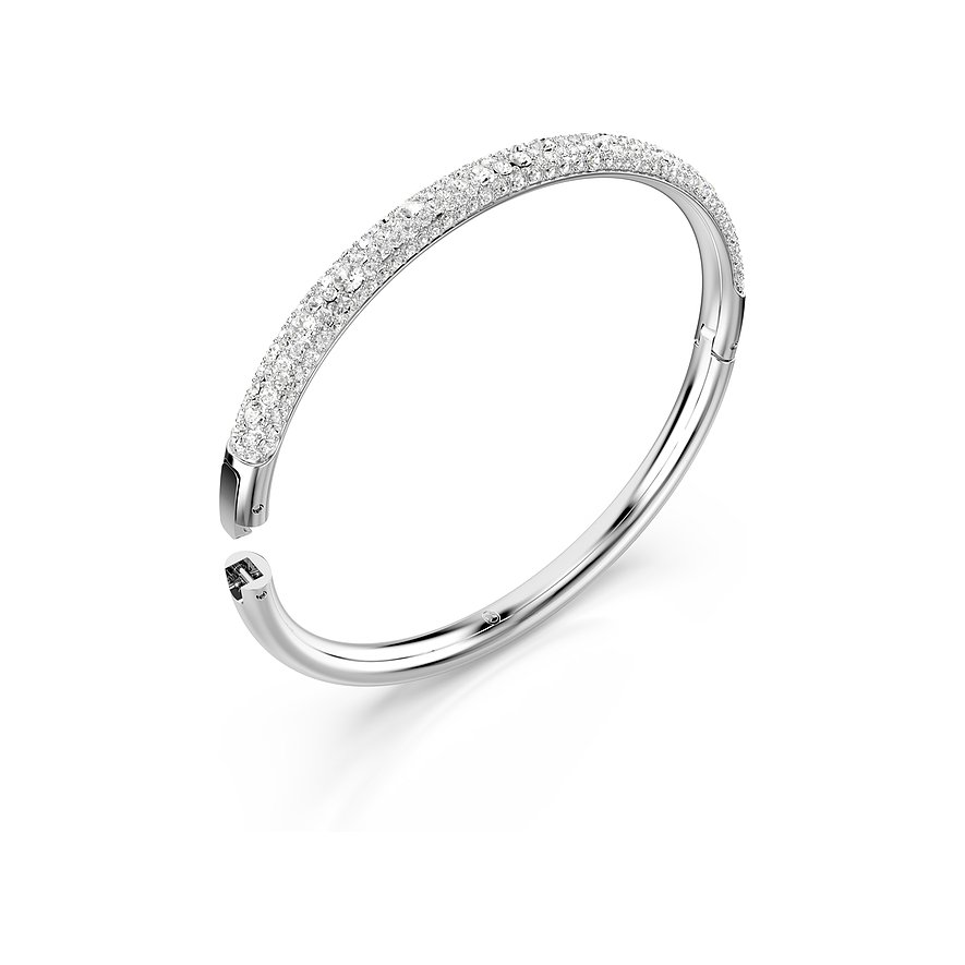 Swarovski metalen armband, deels bezet met glinsterende Swarovski kristallen, open gepresenteerd.