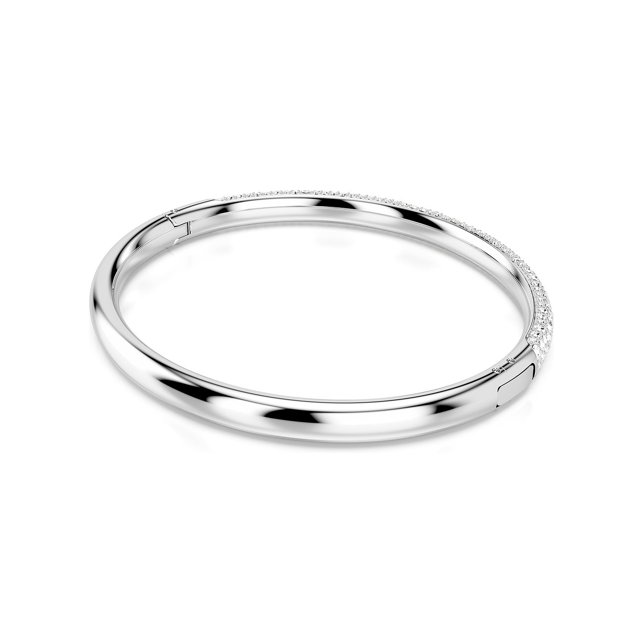 Swarovski metalen armband met fonkelende Swarovski-kristallen bovenaan, van opzij gefotografeerd.