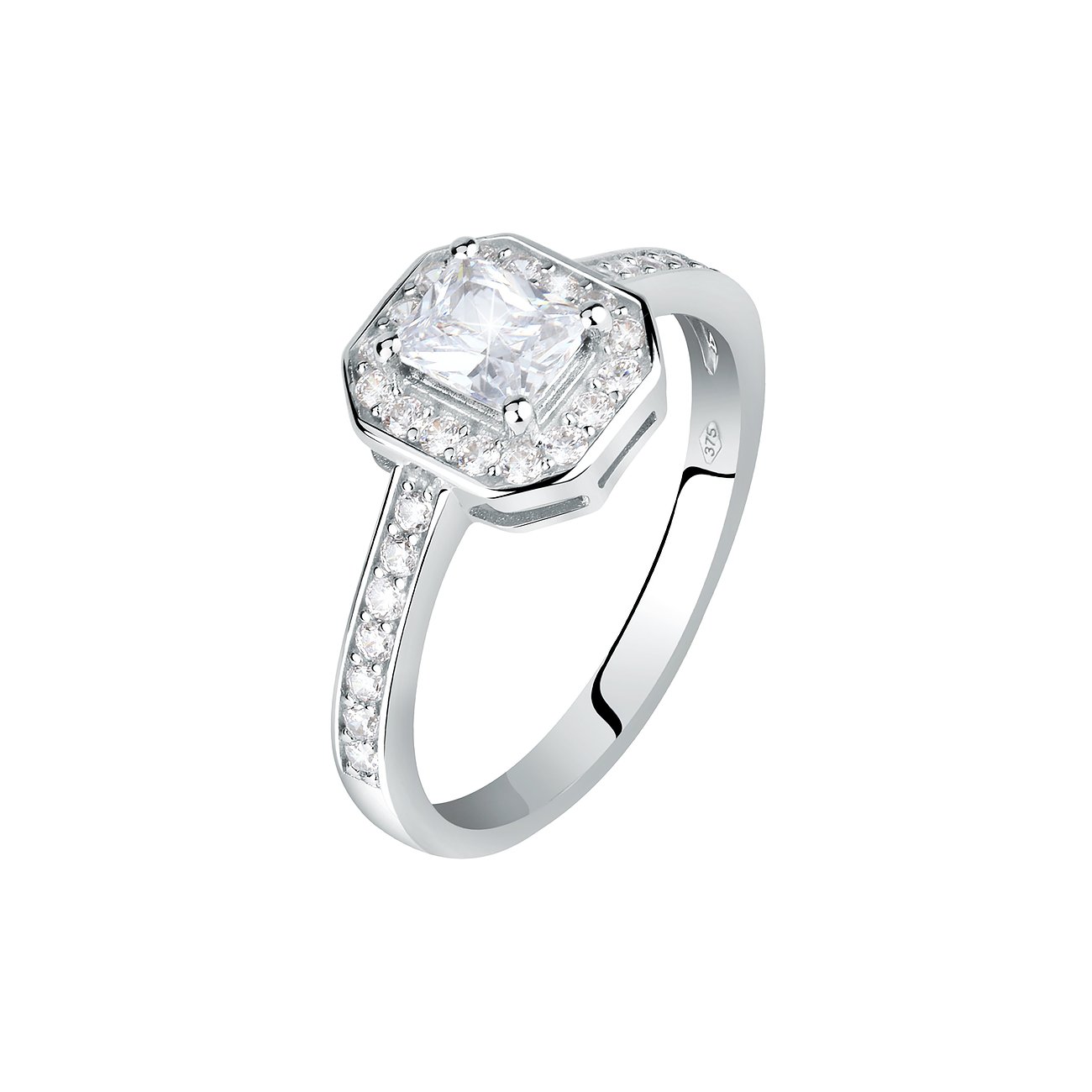 CHRIST Ring aus 375er Weißgold mit einem quadratischen Zirkonia als Herzstück, umgeben von weiteren kleinen Zirkonia.