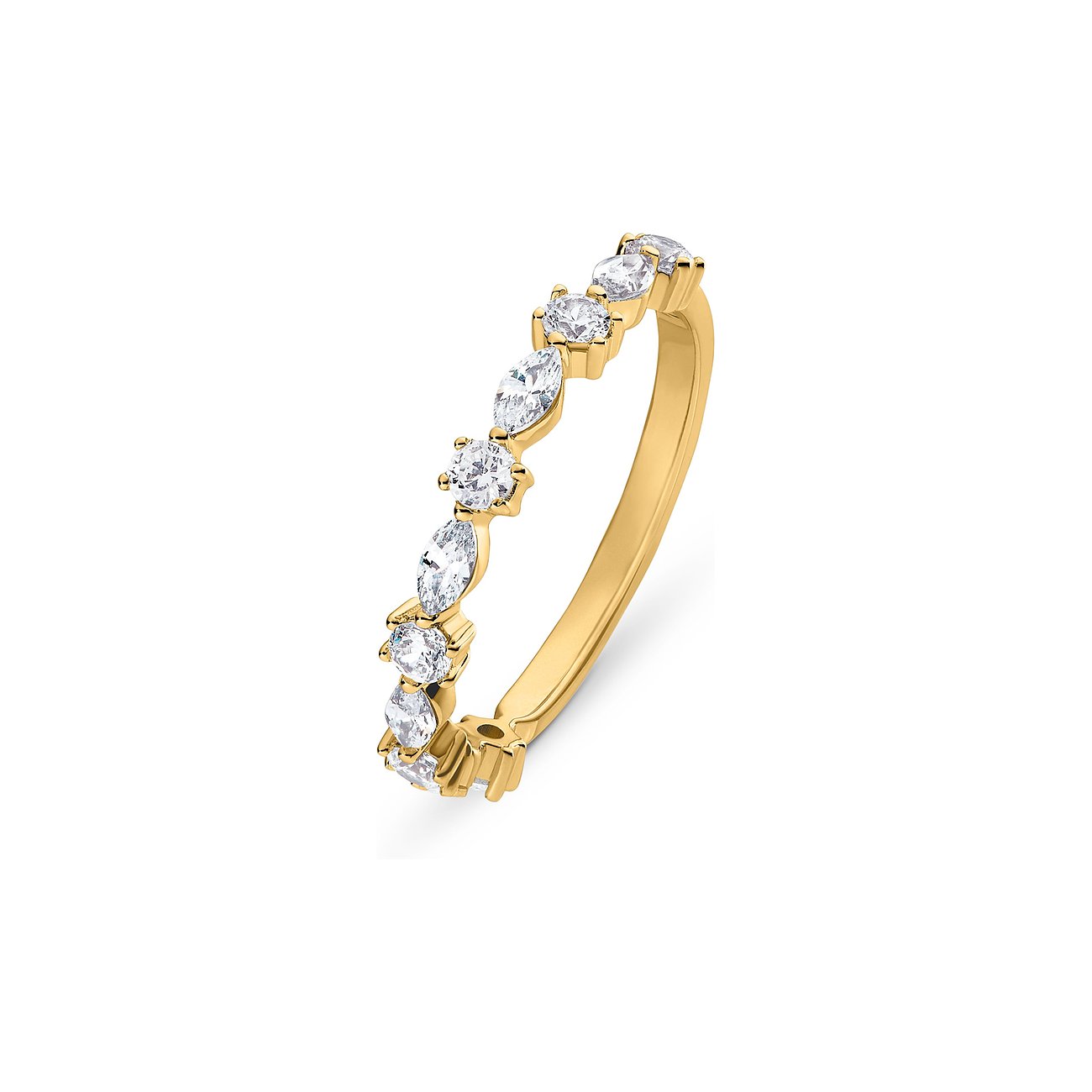 Detailaufnahme eines CHRIST 925er Gold-Rings mit abwechselnd runden und tropfenförmigen Zirkonia-Farbsteinen.