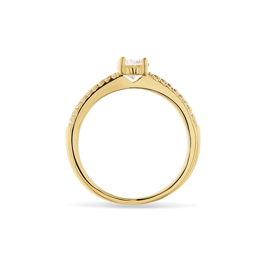 Sidovy av en gyllene CHRIST ring i 925 sterlingsilver med flera klara zirkoniastenar på båda sidor.