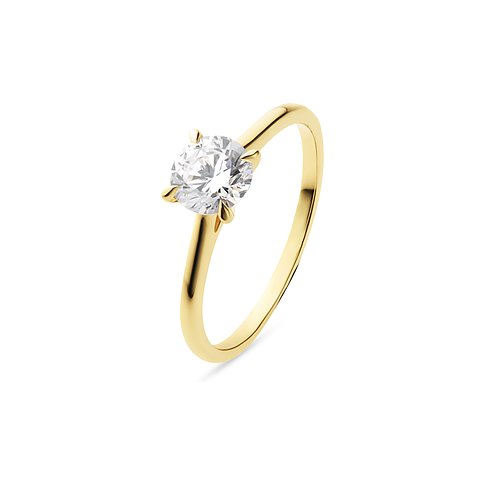 CHRIST Ring aus 585er Gelbgold mit einem runden Diamanten in Krappenfassung, schräg von oben aufgenommen.