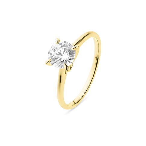 Ein glänzender CHRIST Ring aus 585er Gelbgold mit einem großen, runden Brillanten, der von vier Krappen gehalten wird.