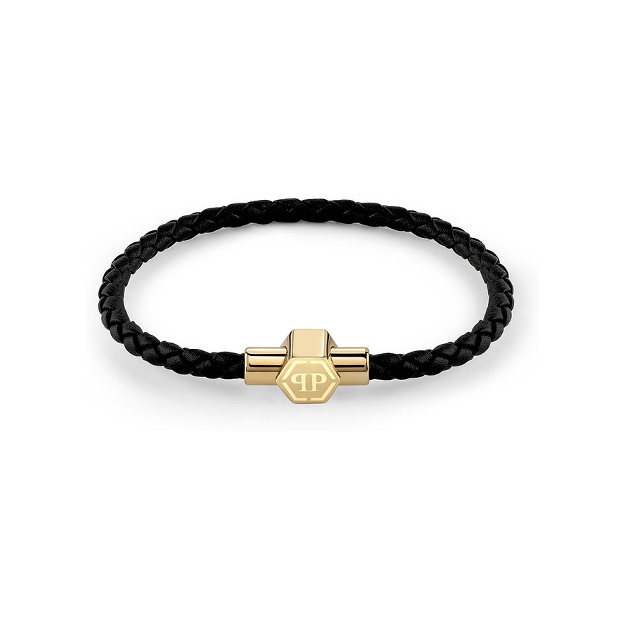 Philipp Plein Armband, Herren, Leder, Edelstahl, recycelt, gelbgold, Größe: 20
