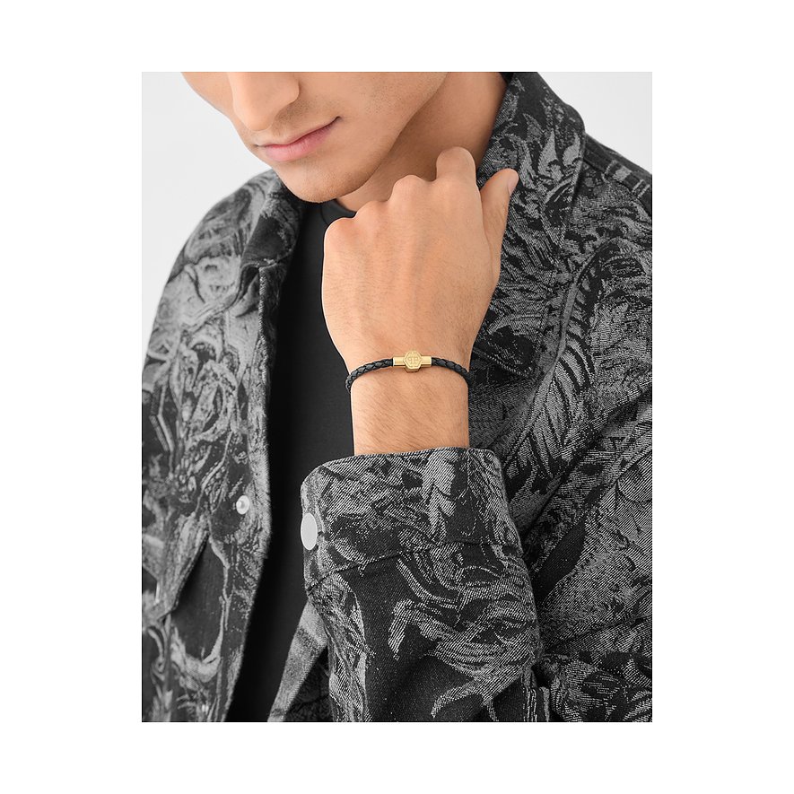 Philipp Plein Armband aus Leder und recyceltem Edelstahl mit Logo-Anhänger.