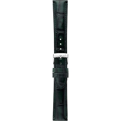 Morellato Uhrenband aus dunkelgrünem Krokodil-Leder mit einer silbernen Edelstahlschließe, vertikal ausgerichtet.