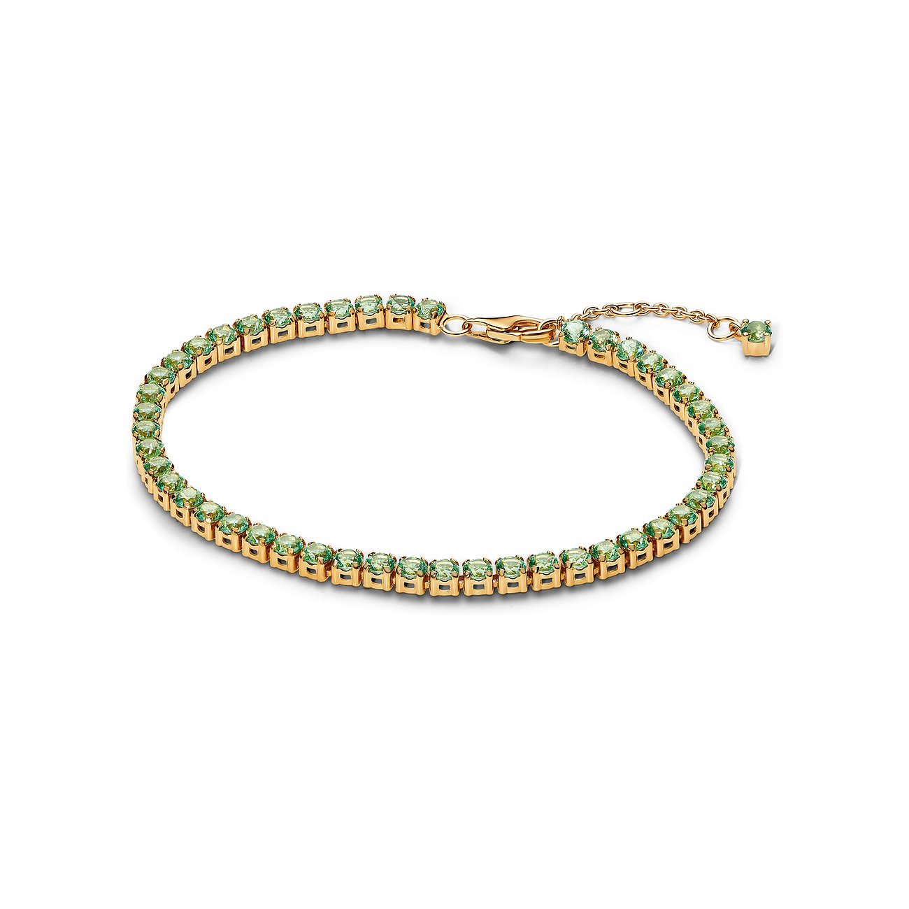 Pandora Armband aus Metall mit grünen Kristallen und goldfarbener Fassung.