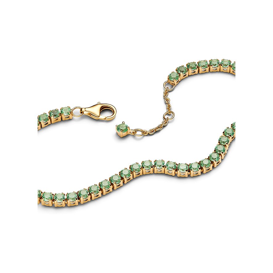 Pandora Armband aus Metall mit grünen Kristallen und Karabinerverschluss.