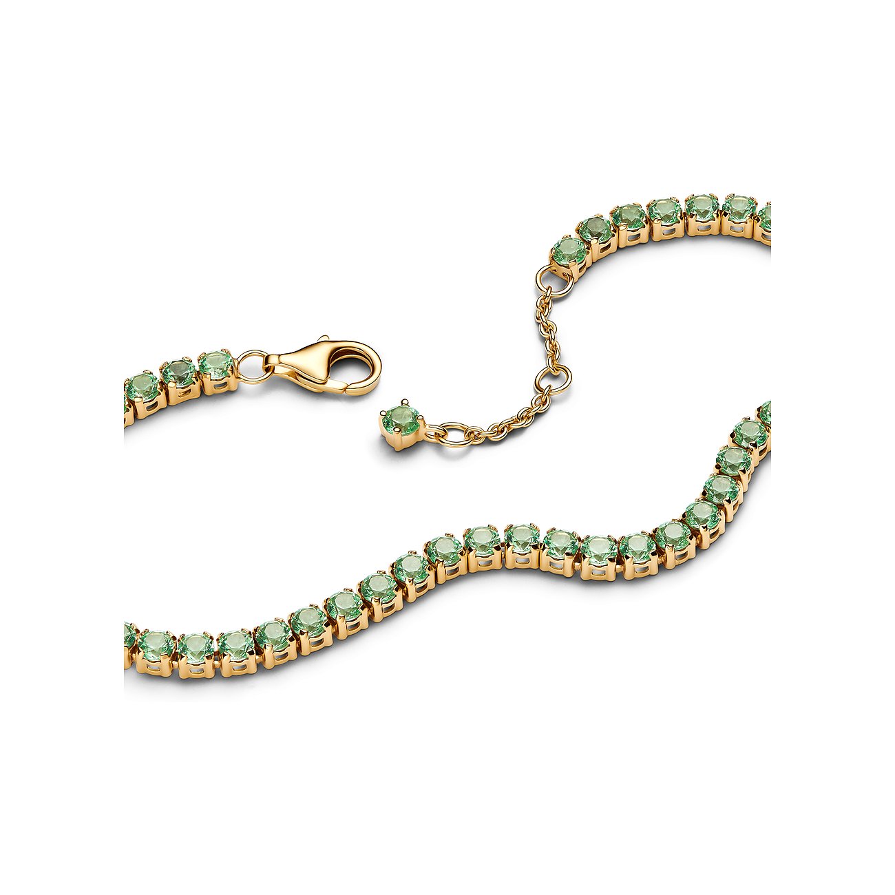 Pandora Armband aus Metall mit grünen Kristallen und Karabinerverschluss.