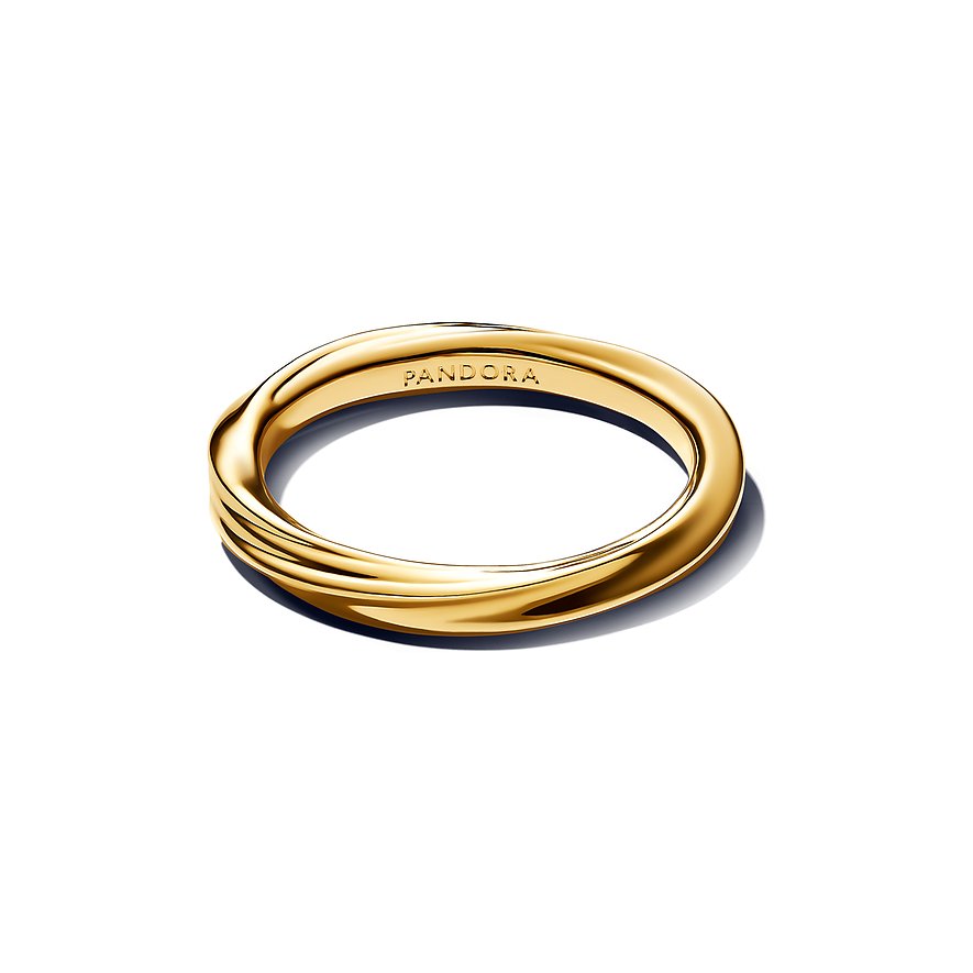 Ein Pandora Ring aus goldenem Metall, der sich spiralförmig verdreht und eine unregelmäßige Oberfläche bildet.