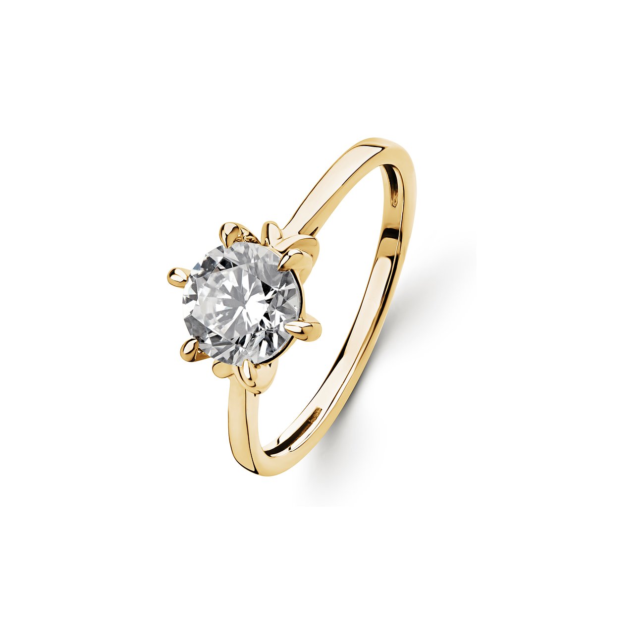 CHRIST ring van 585 geelgoud met ronde diamant in klauwzetting, schuin van bovenaf