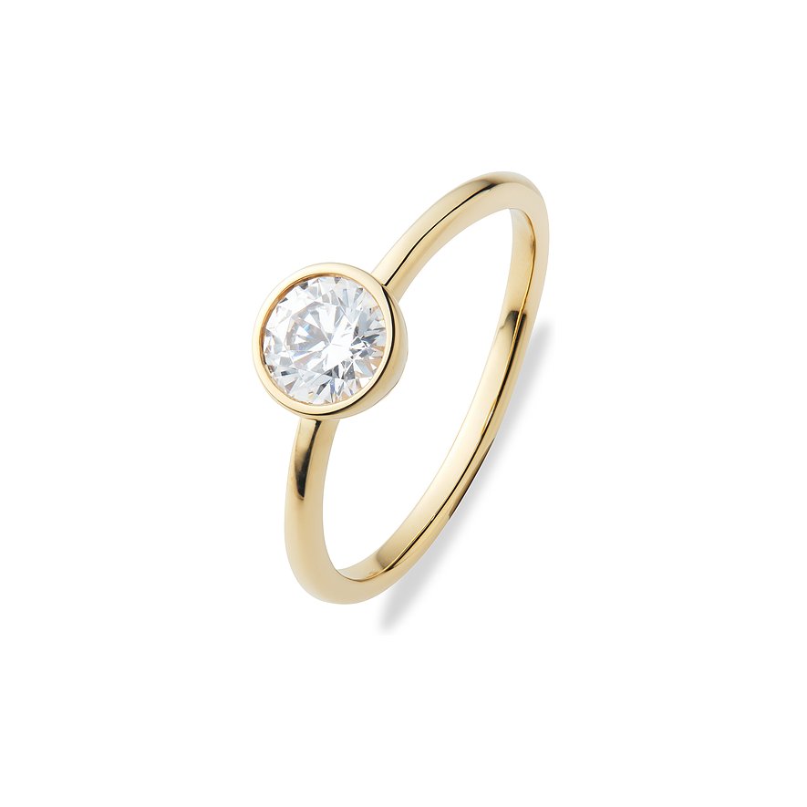 CHRIST ring van 585 geelgoud met een ronde, briljantgeslepen diamant in een zetkast.