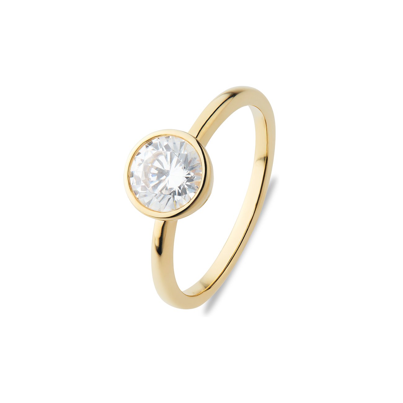CHRIST 585 geelgouden ring met ronde diamant in klauwzetting, schuin van bovenaf gezien.