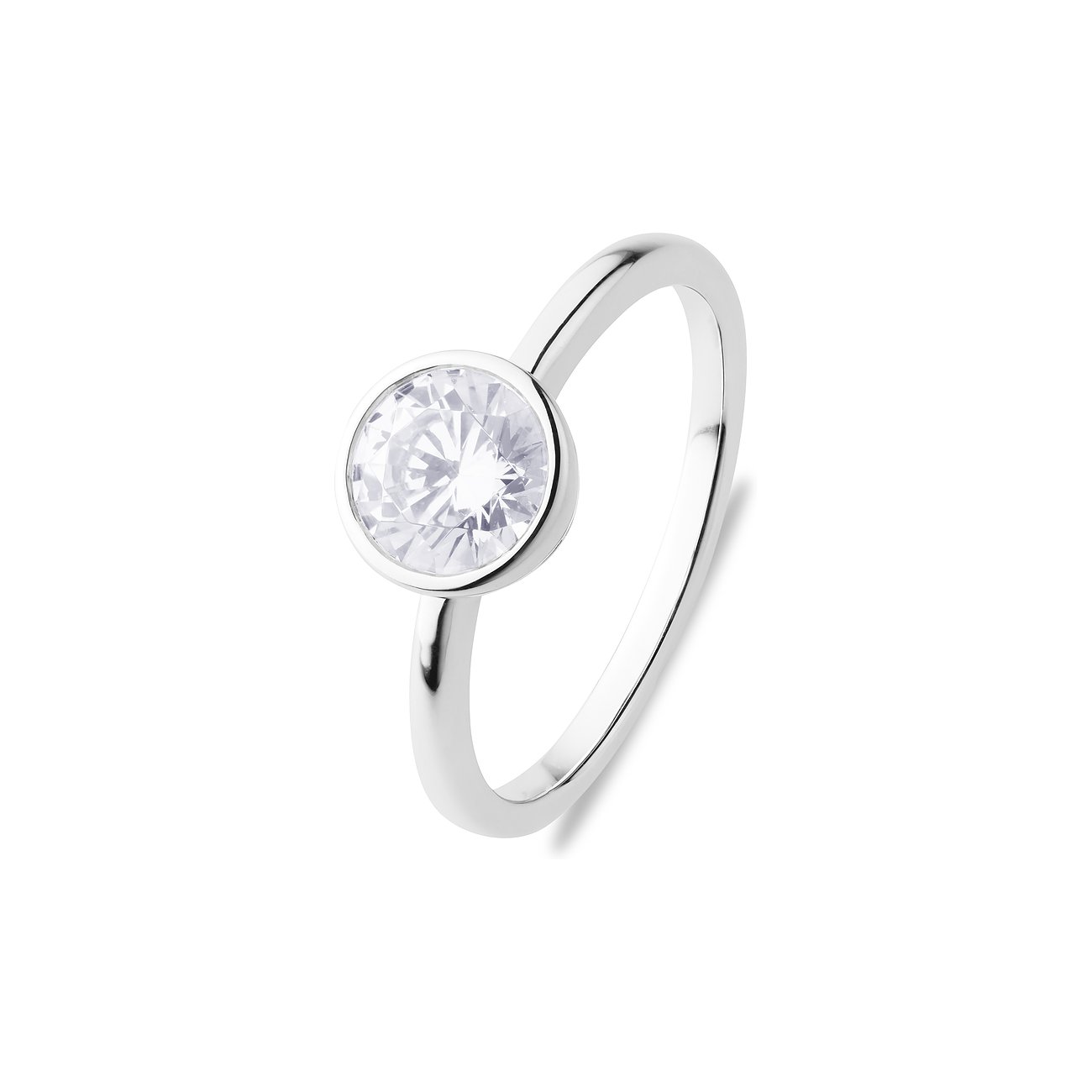 CHRIST Ring aus 585er Weißgold, besetzt mit einem runden Diamanten in einer schlichten Fassung, von vorne fotografiert.