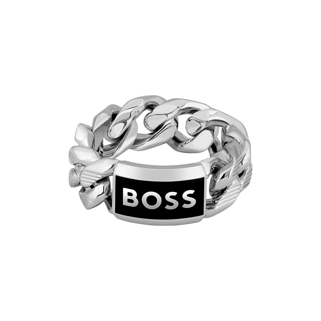 Boss Ring aus Edelstahl mit schwarzem Emaille-Einsatz und Gliederketten-Design.