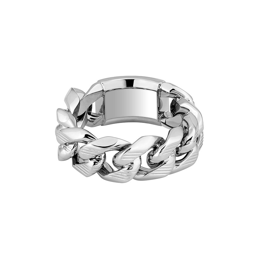 Boss Ring aus Edelstahl, silberfarben, mit Emaille-Akzenten.