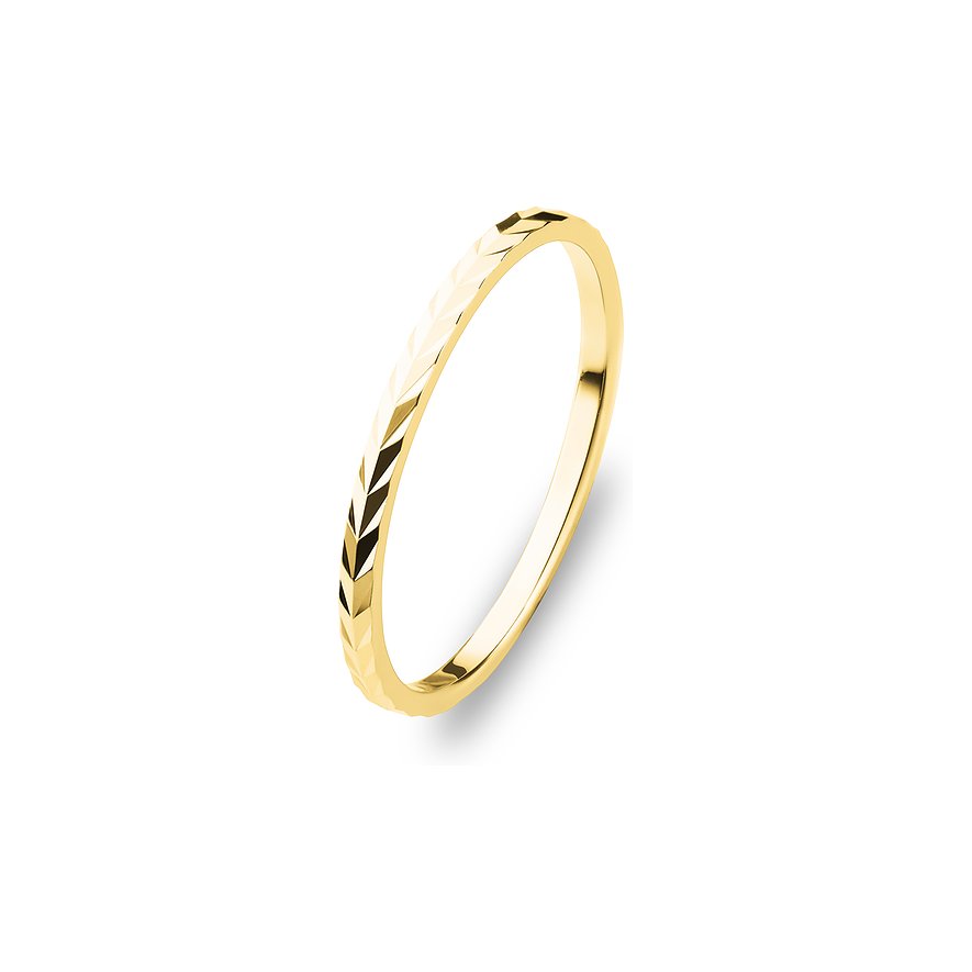 CHRIST ring af 375 gult guld med en geometrisk facetslebet overflade mod en hvid baggrund.