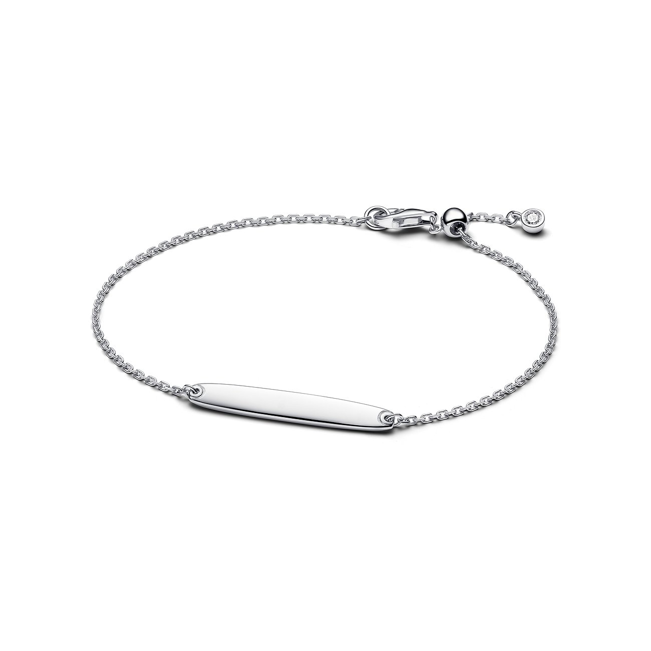 Ein Pandora Armschmuck aus glänzendem Silber, das ein schmales, längliches Element und einen Zirkonia-Stein zeigt.