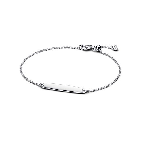 Ein Pandora Armschmuck aus glänzendem Silber, das ein schmales, längliches Element und einen Zirkonia-Stein zeigt.