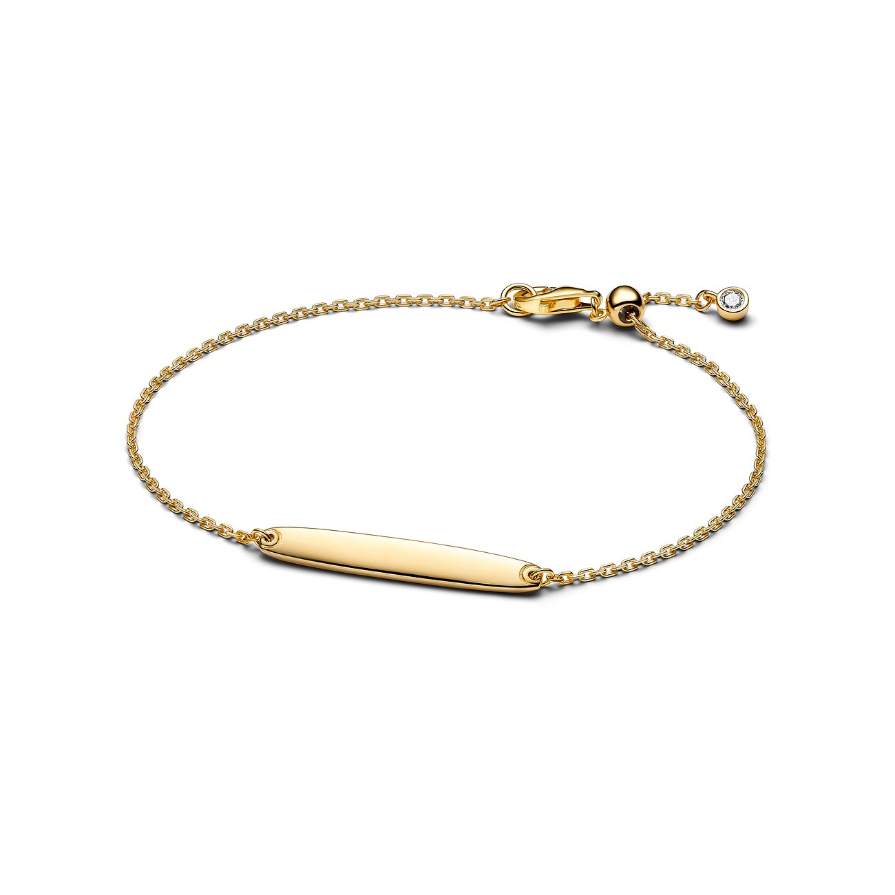 Ein goldenes Pandora Armband aus Metall mit einer länglichen, glänzenden Plakette und einem Zirkonia-Stein an der Schließe.