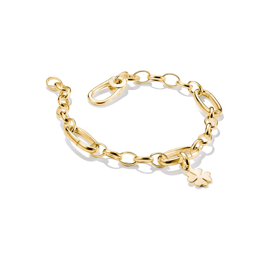 Thomas Sabo Armschmuck: Ein goldenes Silberarmband mit abwechselnd runden und ovalen Gliedern und einem Kleeblatt-Anhänger.
