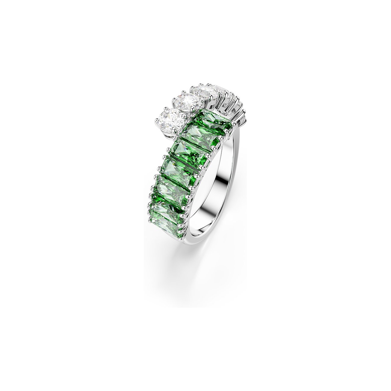 Swarovski Metallring mit einer Reihe funkelnder grüner Swarovski-Kristalle und drei runden, klaren Steinen.