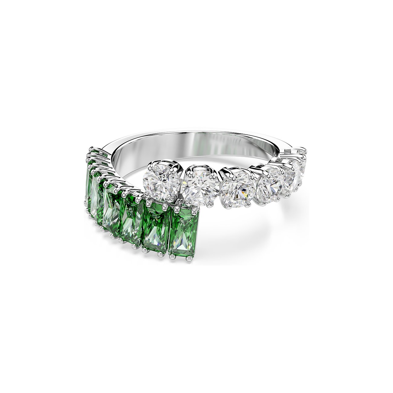Swarovski Metallring mit einer Reihe von runden und rechteckigen, grünen Farbstein-Kristallen.