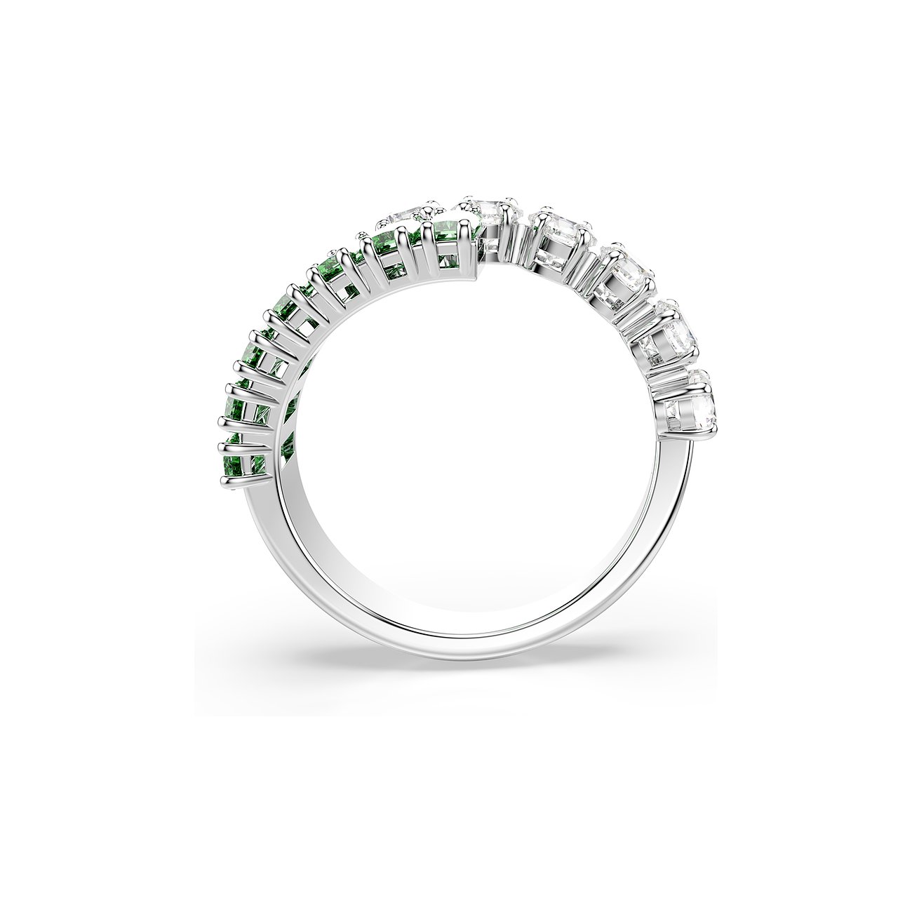 Ein Swarovski Ring aus Metall mit glänzenden grünen und klaren Swarovski-Kristallen in einer seitlichen Ansicht.
