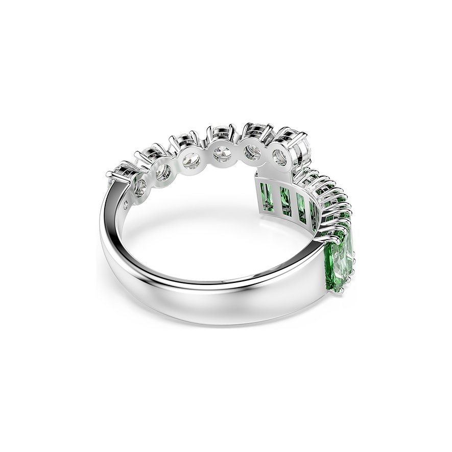 Swarovski Metallring mit einer Reihe klarer und einer Reihe grüner rechteckiger Swarovski Kristalle von der Seite.