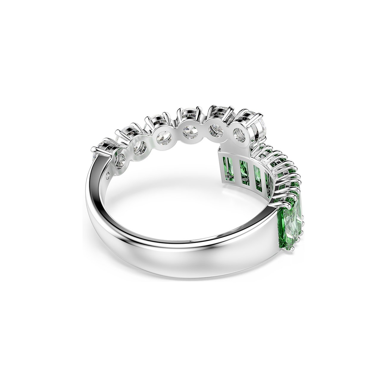 Swarovski Metallring mit einer Reihe klarer und einer Reihe grüner rechteckiger Swarovski Kristalle von der Seite.
