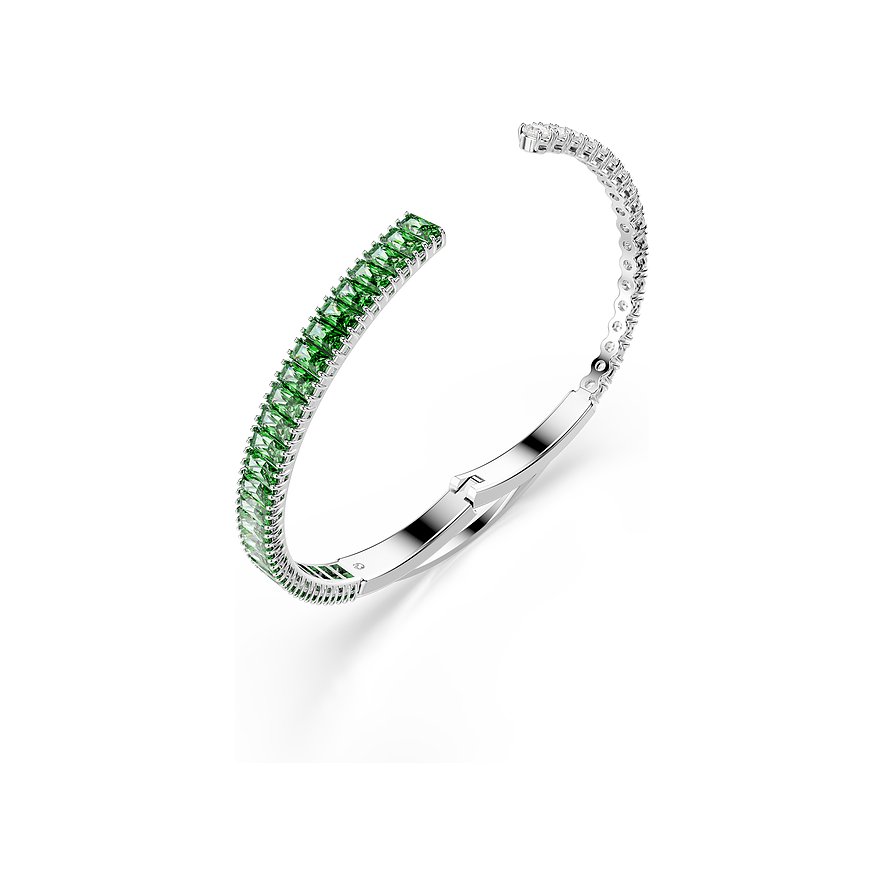 Swarovski Armreif aus Metall, verziert mit einer Reihe rechteckiger grüner Swarovski-Kristalle und runden klaren Steinen.