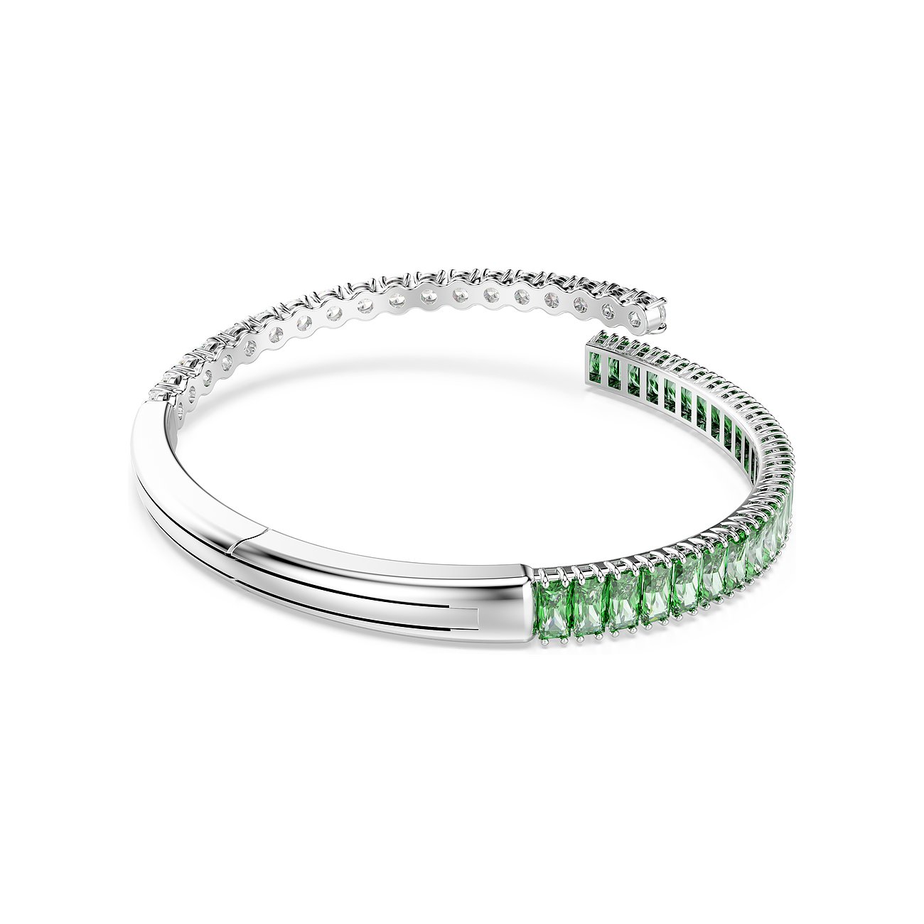 Swarovski Armschmuck aus Metall mit grünem Swarovski-Kristall, Draufsicht auf das offene Armband.