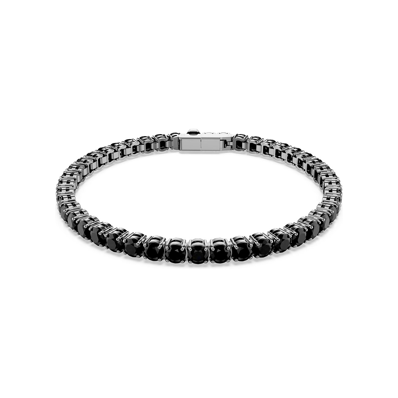 Swarovski Armband aus schwarzem Metall, besetzt mit runden, schwarzen Swarovski-Kristallen in einer Gliederung.