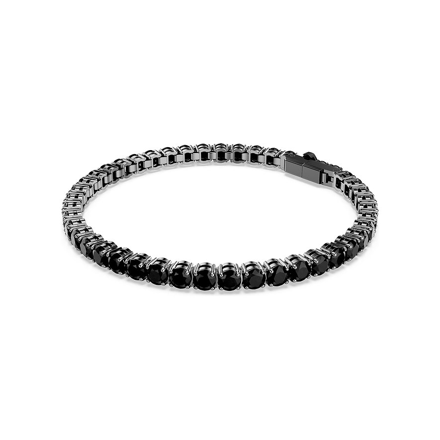 Swarovski Armband aus schwarzem Metall mit glänzenden runden schwarzen Swarovski-Kristallen in einer Reihe.
