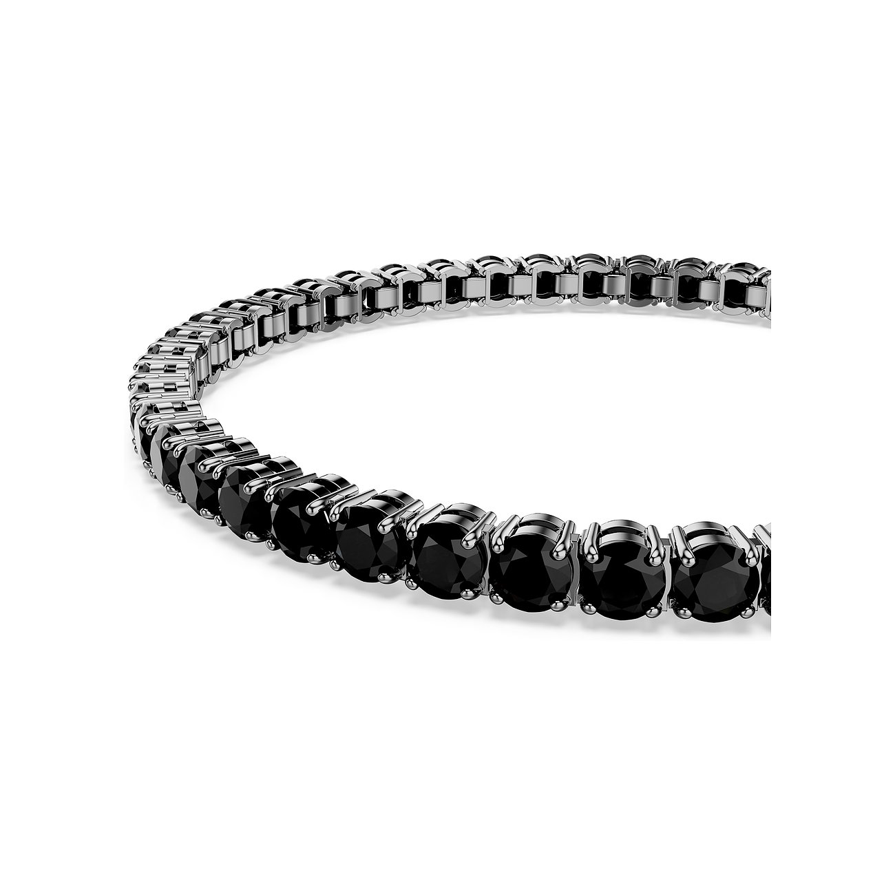 Ein glänzendes Swarovski Metall-Armband geschmückt mit einer Reihe runder schwarzer Swarovski-Kristalle.