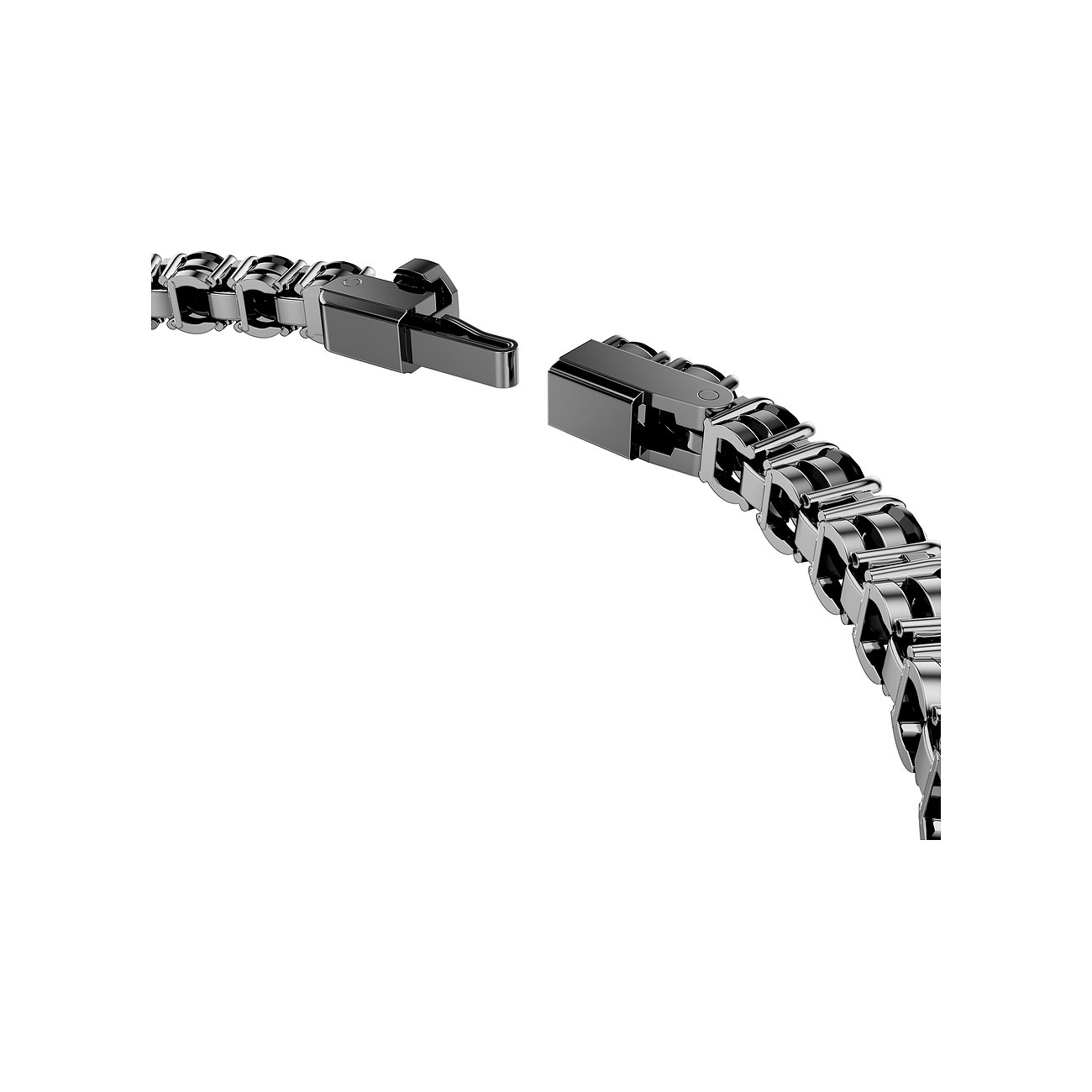 Close-up eines offenen Swarovski Armschmucks aus schwarzem Metall mit aufwendig verarbeiteten Kettengliedern.