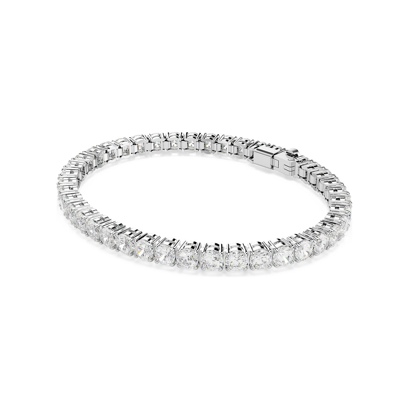 Swarovski Armband aus Metall mit einer Reihe runder, klarer Swarovski Kristalle, von vorne in einer leichten Kurve