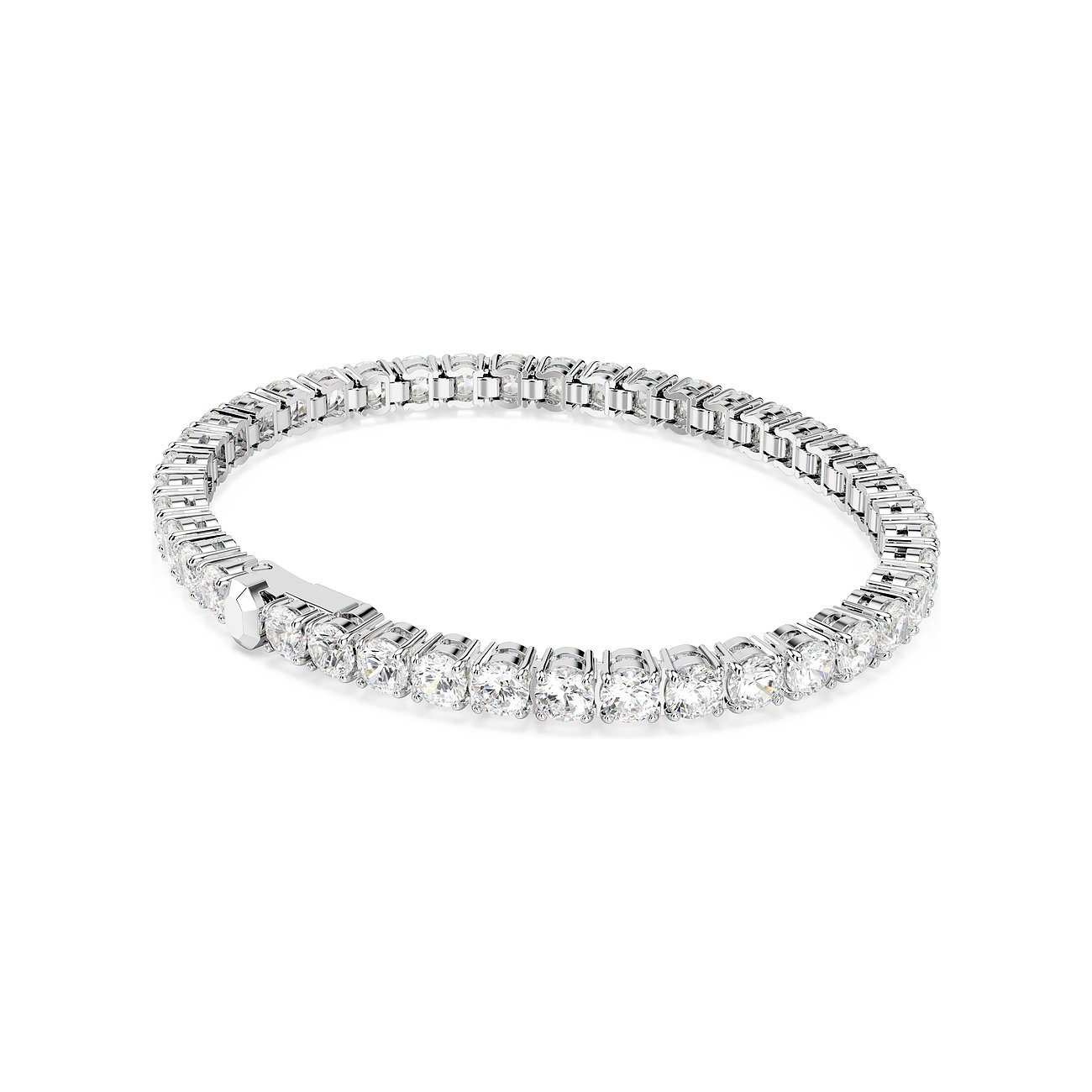Ein glänzendes Swarovski Metall Armband mit vielen quadratischen, klaren Swarovski-Kristallen in einer Reihe.