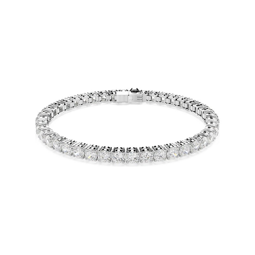 Swarovski Armband aus Metall mit einer Reihe klarer, runder Swarovski-Kristalle, geschlossen zu sehen.