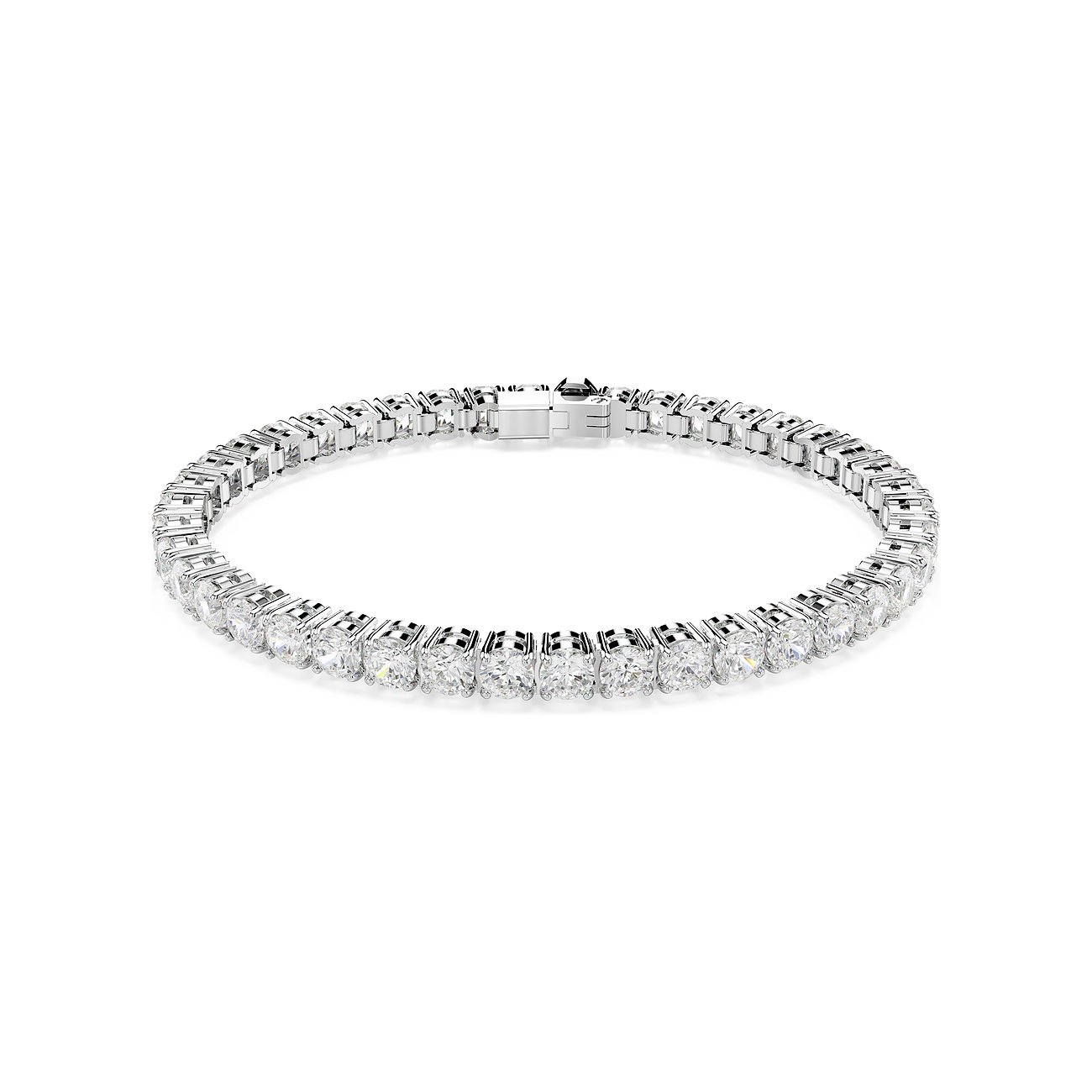 Swarovski Armband aus Metall mit einer Reihe klarer, runder Swarovski-Kristalle, geschlossen zu sehen.